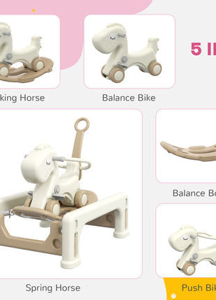 5 in 1 Rocking Horse for Toddlers 1-3 Years with Detachable Balance Board, Push Handle, Footrest, Cream White