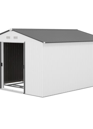 11' x 9' Metal Storage Shed Garden Tool House with Double Sliding Doors, 4 Air Vents for Backyard, Patio, Silver