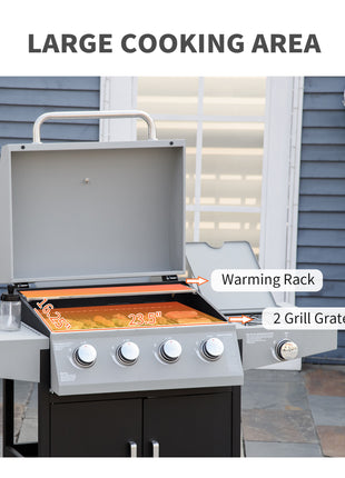 52" Barbecue Grill with Wheels 4+1 Burner Liquid Propane Gas Grill Outdoor Cabinet Style BBQ Trolley w/ Side Burner, Warming Rack, Storage Cabinet