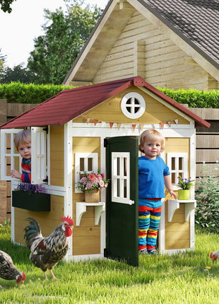 Wooden Playhouse for Kids Outdoor with Doors, Windows, Planter Pots and Boxes for Toddlers 3-8 Years, Beige