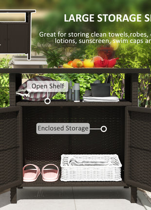 Wicker Outdoor Storage Cabinet with Two Doors and Shelf for Outdoor Pool Towel Storage, Dark Coffee