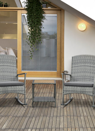 3 Piece Outdoor PE Rattan Rocking Chair Set, Patio Wicker Recliner Rocker Chair with Soft Cushion & Nature Wood Top Coffee Table, Gray