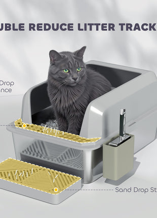 Stainless Steel Litter Box with Metal Scoop & Scoop Holder, High Sided, Anti-Urine Leakage, Non-Sticky
