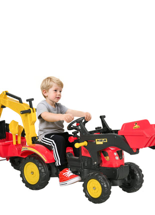 3 in1 Kids Ride On Bulldozer Excavator Toy with 6 Wheels Controllable Cargo Trailer Easy Pedal Controls for 3-6 Years
