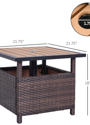 22" Outdoor Side Table with Umbrella Hole, Rattan Wicker End Table with Sand Bag and Steel Frame for Patio, Garden, Backyard, Brown & Light Yellow