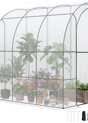 7' x 4' x 7' Outdoor Lean to Greenhouse, Walk-In Green House Plant Nursery with Roll-up Window, PE Cover, White