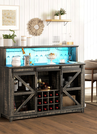 55" Coffee Bar Cabinet with Lights, Farmhouse Wine Cabinet with Wine and Glass Racks for Kitchen, Dining Room, Brown