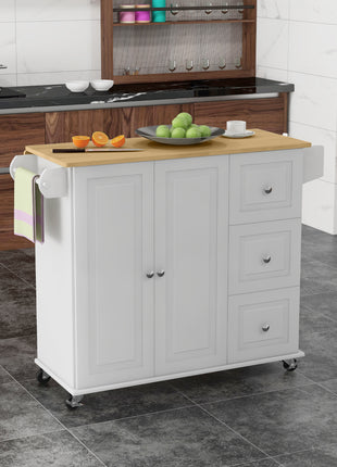 Kitchen Island with Drop Leaf, Rolling Kitchen Cart on Wheels with 3 Drawers, Cabinet, Natural Wood Top, Spice Rack and Towel Rack, White