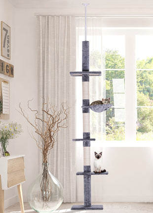 102" Adjustable Height Floor to Ceiling Cat Tree, 5 Level Cat Tower with Scratching Posts, Hammock, Gray