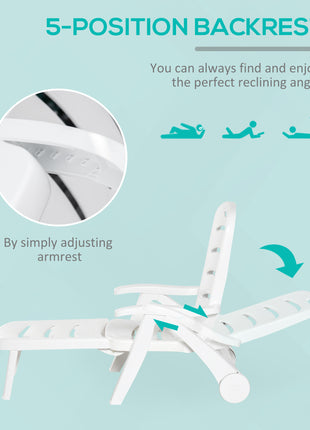 Outdoor Chaise Lounge Chair on Wheels, Waterproof, Quick Assembly, Folding, 5 Level Adjustable Backrest for Pool, White