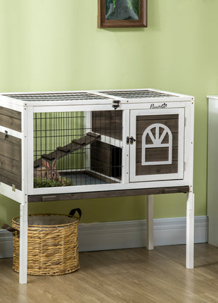 Wood Rabbit Hutch, Elevated Guinea Pig Cage with Run, Coffee