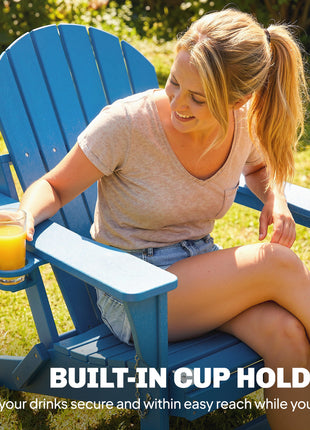 Folding Adirondack Chair Set of 2, HDPE Fire Pit Chair with Retractable Ottoman and Cup Holder, Blue