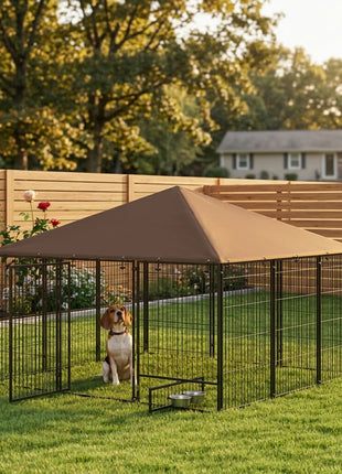 6.9' x 6.9' x 5' Outdoor Dog Kennel with Canopy Garden Playpen Fence Crate Enclosure Cage Rotating Bowl, Coffee