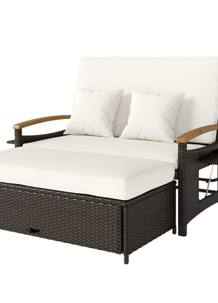 Rattan Outdoor Daybed w/4-Level Adjustable Backrest, Patio Sofa Bed w/Storage Ottoman, Acacia Wood Armrest, Beige