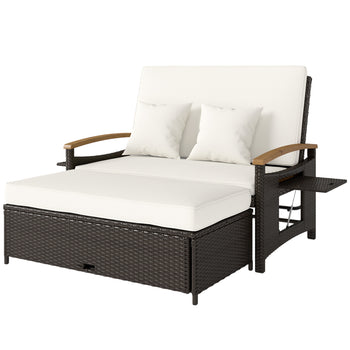 Rattan Outdoor Daybed w/4-Level Adjustable Backrest, Patio Sofa Bed w/Storage Ottoman, Acacia Wood Armrest, Beige