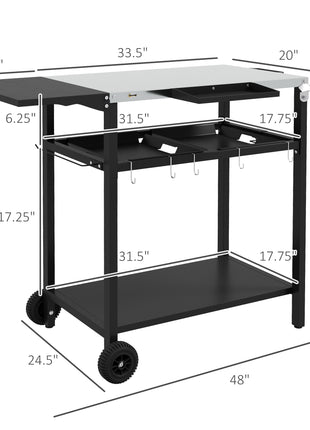 2-Tier Shelf Outdoor Bar Cart, Stainless Steel Tabletop Patio Serving Cart with Accessories for Poolside, Garden, Black