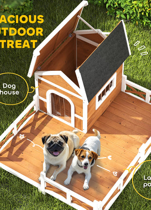 Outdoor Wooden Dog House, Dog Shelter with Large Porch, Weatherproof & Openable Roof, Elevated Base, Removable Floor