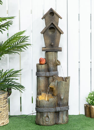 Outdoor Fountain with Birdhouse, Cascading Garden Waterfall Bird Bath with 3-Tier Rustic Tree Trunk / Log Design, LED Lights for Porch, Deck, Yard Decor, Brown