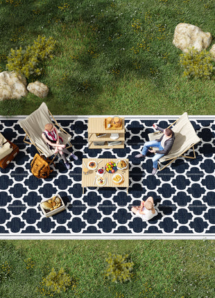 Reversible Outdoor Rug, 9' x 18' Waterproof Plastic Straw Floor Mat, Portable RV Camping Carpet, Large Floor Mat for Backyard, Deck, Picnic, Beach, Blue & White