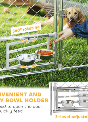 Outdoor Dog Kennel with Adjustable & Rotatable Bowl Rack, Waterproof Cover, Secure Lock, 19.7' x 7.5' x 5.2'