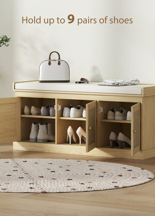 Shoe Storage Bench with Woven Rattan Doors, Shoe Bench with Cushion, Adjustable Shelves, Entryway Bench, Oak Tone
