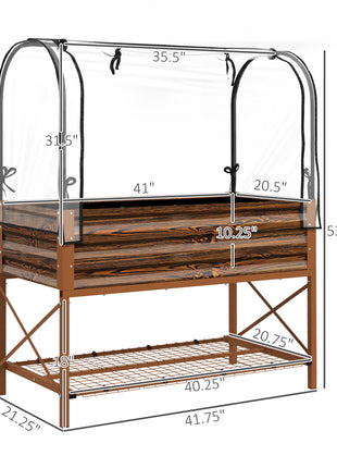 Raised Garden Bed with Legs and Cover, Metal Elevated Planter Box with Bottom Shelf and Liner for Vegetables, Brown