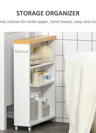 Slim Bathroom Cabinet with Castor Wheels Storage Organizer and Wood Shelves To Fit In Small Spaces, White