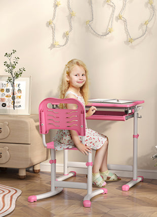 Height Adjustable Kids Desk and Chairs Set with Tilt Desktop, Storage Drawer, Pen Slot, Hook, Pink