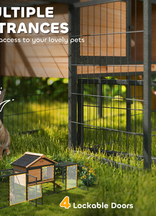 Wooden Rabbit Hutch Outdoor, 85" Large Bunny Cage with Steel Run, Removable Plastic Tray, Asphalt Roof, Ramp