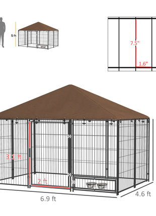 Outside Dog Kennel, 6.9' x 4.6' x 5' Puppy Play Pen with Canopy, Garden Playpen Fence Crate with Rotating Bowl, Black