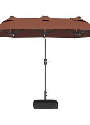 Double-sided Outdoor Patio Umbrella with Solar Lights and Base, Dining Table Umbrella Push Button Tilt, Coffee