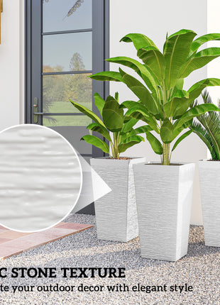 22.8 Inch Set of 3 Outdoor Planters with Stone Finish and Wheels, Stackable Tapered Planters with Drainage Hole, White