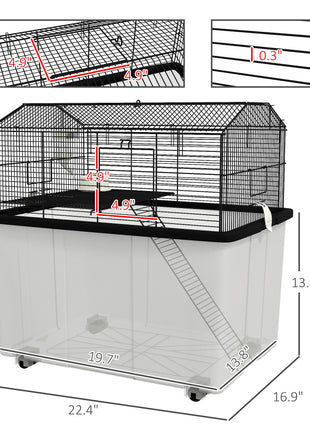 22" 2-Tier Hamster Cage with Extra-Deep 14" Base, Small Animal Cage with Ramp, Water Bottle, Food Dish, Wheels, Black