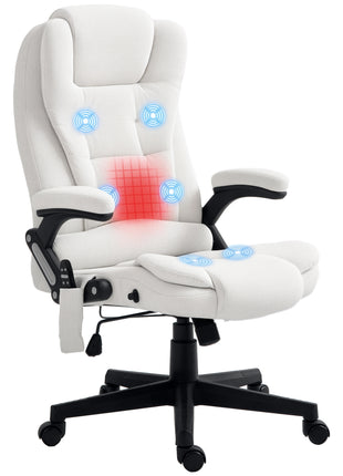 6 Point Vibrating Massage Office Chair with Heat, Linen High Back Massage Desk Chair with Reclining Backrest, White