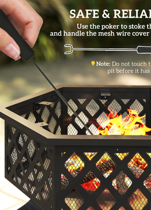 28" Outdoor Fire Pit with Grill Hexagon Fireplace Wood Burning Firepit with Cooking Grate, Fire Poker, Spark Screen Lid