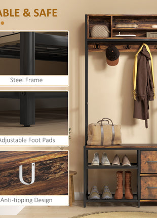 Hall Tree with Bench and Shoe Storage, 5-in-1 Entryway Bench with Coat Rack, 3 Storage Shelves, 2 Fabric Drawers, Brown