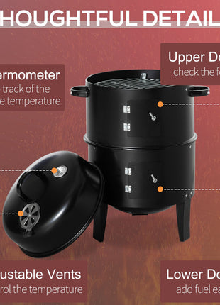 3-in-1 Vertical Charcoal BBQ Smoker Grill with 2 Cooking Areas and Thermometer
