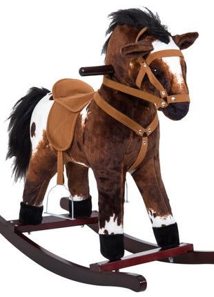 Kids Wooden Plush Ride-On Rocking Horse Chair Toy with Realistic Sounds Dark Brown/White