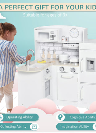 Corner Kids Kitchen Playset, Wooden Pretend Toy Kitchen Set with Drinking Fountain, Microwave, Fridge and Accessories, Pretend Play Kitchen for 3+ Years, White