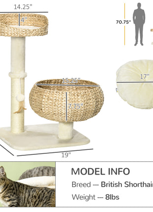 28" Elevated Cat Bed with Sisal Scratching Post for Indoor Kitties, Modern Cat Tree with Cute Basket Design, Small Cat Tree with Fun Ball Toy