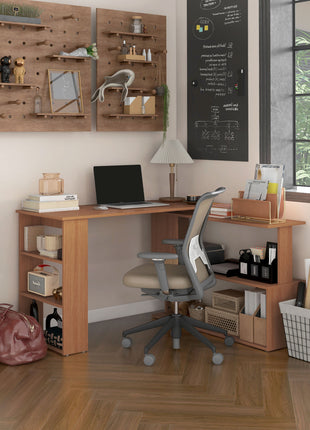 360° Rotating Home Office Desk L Shaped Corner Computer Desk with Storage Shelves, Writing Table Workstation, Teak