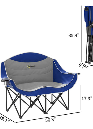 Padded Folding Camp Chair for Adults, Double Camping Chair with Armrests, Cup Holders, Carry Bag for Outdoor, Blue
