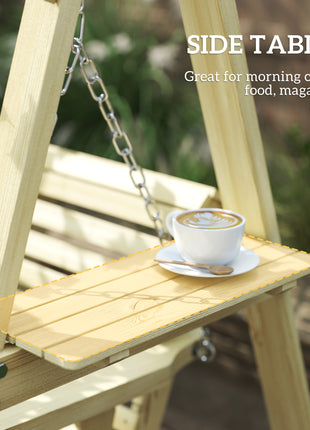3 Seat Wooden Porch Swing with Stand, Patio Swing with Side Tables, for Garden, Poolside, Backyard, Natural Wood