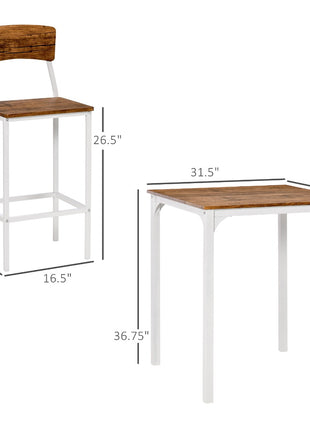 3 Piece Industrial Counter Height Dining Table Set, Bar Table & Chairs with Steel Legs & Footrests, White