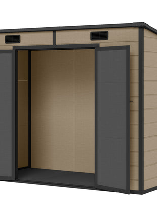 8' x 4' Plastic Outdoor Storage Shed with Floor, Window, Lockable Doors and Vents for Backyard Patio Lawn, Light Brown