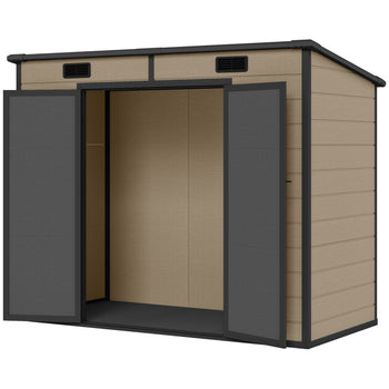 8' x 4' Plastic Outdoor Storage Shed with Floor, Window, Lockable Doors and Vents for Backyard Patio Lawn, Light Brown