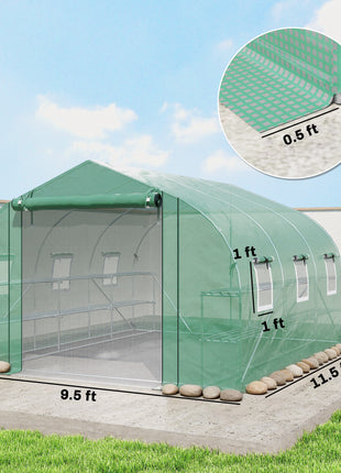 10'x11'x6' Walk-in Tunnel Greenhouse with Shelves, Mesh Door and Windows, Plant Hot House with PE Cover, Green