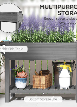 Wood Raised Garden Box, Elevated Garden Bed with Side Table, Bottom Shelf, Bed Liners and Drainage Holes, Gray