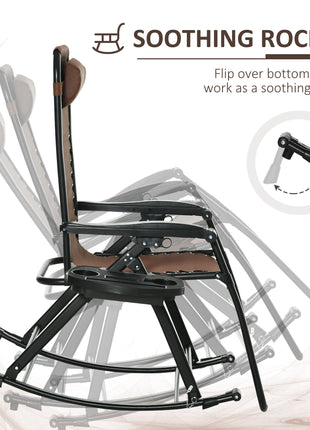2 Outdoor Rocking Chairs Foldable Reclining Zero Gravity Lounge Rockers w/ Pillow Cup & Phone Holder, Brown