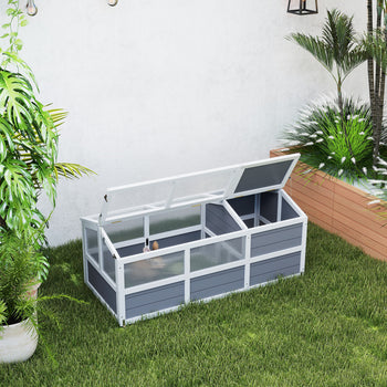 Wooden Tortoise Habitat Outdoor w/ Bottomless Design, Doors, PC Sun Panel Windows, for Small Animals, Rabbit, Light Gray